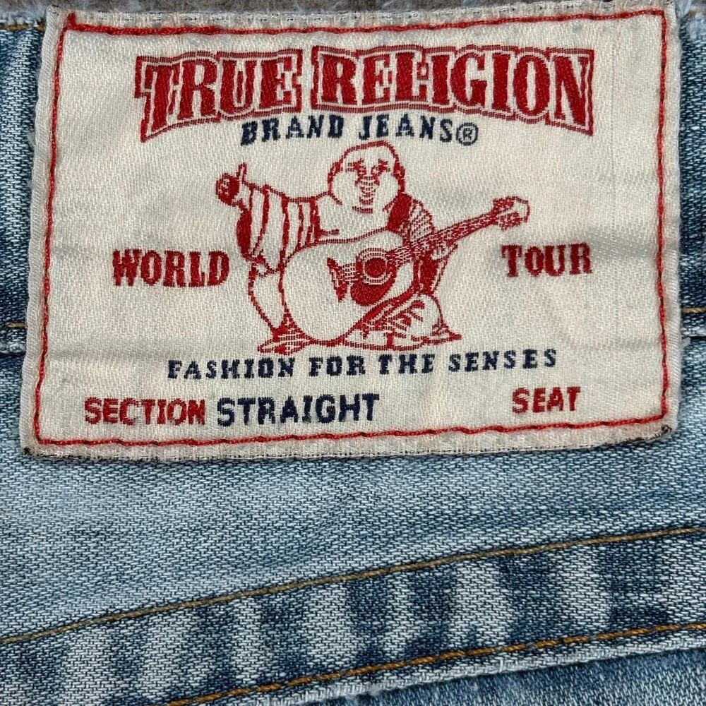 True Religion World Tour Straight Flap Jeans Mens 30 Light Wash Distressed Y2K
